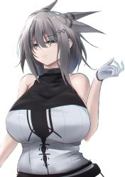 Rule 34 | 1girl, arknights, bare shoulders, black choker, breasts, choker, commentary, gloves, green eyes, grey hair, greythroat (arknights), hair between eyes, hand up, hane (8ne k), highres, huge breasts, infection monitor (arknights), looking at viewer, shirt, short hair, simple background, sleeveless, sleeveless shirt, solo, upper body, white background, white gloves