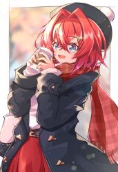 Rule 34 | 1girl, absurdres, ange katrina, bag, belt, black hat, blue eyes, cup, disposable coffee cup, disposable cup, hair between eyes, hat, highres, holding, holding cup, jacket, looking at viewer, nijisanji, open mouth, papa-kun (destiny549-2), plaid, plaid scarf, red hair, red scarf, scarf, short hair, smile, solo, triangle hair ornament, virtual youtuber