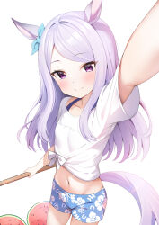 Rule 34 | 1girl, absurdres, alternate costume, animal ears, aqua bow, blue bow, blue shorts, bow, closed mouth, commentary request, cowboy shot, ear bow, floral print, food, fruit, gaze on me! outfit (umamusume), highres, horse ears, horse girl, horse tail, long hair, looking at viewer, mejiro mcqueen (umamusume), midriff, navel, print shorts, purple eyes, purple hair, rei (ilust9999), revision, selfie, shirt, short sleeves, shorts, simple background, smile, solo, tail, tied shirt, umamusume, watermelon, white background, white shirt