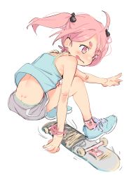 Rule 34 | 1girl, :p, absurdres, ahoge, butt crack, dimples of venus, eds, female focus, happy (eds), highres, original, pink eyes, pink hair, simple background, skateboard, solo, tongue, tongue out, twintails, white background