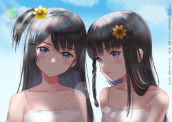 Rule 34 | 2girls, :d, bare shoulders, black hair, blue eyes, blue sky, blunt bangs, braid, camisole, closed mouth, cloud, cloudy sky, collarbone, commentary request, day, flower, hair flower, hair ornament, long hair, mingrye, multiple girls, one side up, open mouth, original, outdoors, siblings, sky, smile, sunflower, sunflower hair ornament, translation request, twins, upper body, white camisole