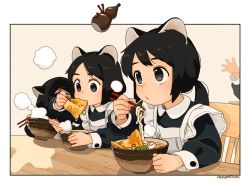 Rule 34 | 3girls, aburaage, akai sashimi, animal ear fluff, animal ears, apron, arm rest, arm up, black dress, black eyes, black hair, blush, bob cut, border, bowl, cat ears, chair, chopsticks, clenched hand, closed mouth, covered face, dress, eating, eyebrows hidden by hair, food, food in mouth, frilled apron, frills, from side, hand up, hands up, head down, highres, holding, holding bowl, holding chopsticks, kitsune udon, long sleeves, looking away, looking down, looking up, low ponytail, maid, maid apron, multiple girls, no nose, no pupils, noodles, nose blush, on chair, open hand, original, out of frame, outside border, parted bangs, parted lips, perspective, ponytail, puffy long sleeves, puffy sleeves, short hair, signature, sitting, sleeve cuffs, spring onion, steam, swept bangs, table, tareme, udon, upper body, white apron, white border, wing collar, wooden chair, wooden table