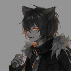 Rule 34 | 1boy, ahoge, animal ears, black hair, black jacket, colored skin, commentary, copyright request, dog ears, fang, fingernails, from side, fur trim, glowing, glowing eyes, grey background, grey shirt, grey skin, hair between eyes, hair over one eye, hand up, highres, jacket, long sleeves, looking at viewer, male focus, open clothes, open jacket, open mouth, orange eyes, sharp fingernails, shirt, short hair, simple background, slit pupils, solo, spot color, tanu0706, teeth, upper body, upper teeth only
