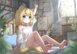 Rule 34 | 1girl, absurdres, animal ear fluff, animal ears, arm up, bare legs, barefoot, bed, bell, blonde hair, blue eyes, blurry, book, book stack, bookshelf, cat ears, cat girl, cat tail, character doll, curtains, depth of field, desk, feet, full body, hair bell, hair ornament, highres, indoors, jingle bell, long hair, looking at viewer, naked shirt, nightstand, no pants, off shoulder, on bed, original, painting (object), picture frame, plant, potted plant, shirt, short sleeves, sitting, soles, stretched limb, tail, toes, white shirt, window, xiao baixiong tat