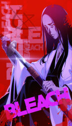 Rule 34 | 1girl, absurdres, black hair, bleach, bleach: sennen kessen-hen, blood, copyright name, drawing sword, highres, holding, holding sword, holding weapon, katana, lips, long hair, long sleeves, looking at viewer, red background, red eyes, scar, shaded face, sheath, solo, sword, unohana retsu, weapon