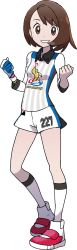Rule 34 | 1girl, breasts, brown eyes, brown hair, creatures (company), dynamax band, game freak, gloria (pokemon), gloves, gym shirt, gym shorts, gym uniform, highres, legs, looking at viewer, nintendo, official art, pokemon, pokemon swsh, shirt, short shorts, shorts, smile, sugimori ken, take (illustrator), thighs