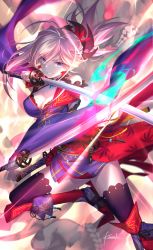Rule 34 | 1girl, artist name, asymmetrical hair, bare shoulders, black legwear, blue eyes, blue kimono, boots, breasts, cleavage, commentary request, detached sleeves, dual wielding, earrings, fate/grand order, fate (series), fire, fire, hair ornament, holding, japanese clothes, jewelry, katana, kimono, kousaki rui, leaf print, looking at viewer, magatama, medium breasts, miyamoto musashi (fate), miyamoto musashi (third ascension) (fate), pink hair, ponytail, red sash, sash, signature, smile, solo, sword, thighs, weapon