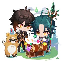 Rule 34 | !, bead necklace, beads, black gloves, box, brown hair, brown pants, chibi, earrings, genshin impact, gloves, green hair, guoba (genshin impact), hair between eyes, highres, holding, holding polearm, holding weapon, jewelry, kh66gs, long coat, long hair, male focus, multicolored hair, necklace, orange eyes, pants, polearm, single earring, weapon, xiao (genshin impact), yellow eyes, zhongli (genshin impact)