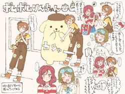 ! ... 3girls :&lt; :3 ;3 animal_ear_hairband animal_ears arrow_(symbol) beret blue_bow blue_ribbon blush boots bow bow_hairband brown_hair brown_hat brown_overalls cat_ear_hairband cat_ears character_doll cinnamoroll closed_eyes closed_mouth collared_shirt commentary_request eeppa fake_animal_ears flower_(symbol) hair_bow hairband hat holding_hairband hoshizora_rin koizumi_hanayo looking_to_the_side love_live! love_live!_school_idol_project medium_hair mini_hat multiple_girls neck_ribbon nishikino_maki nose_blush notice_lines ok_sign one_eye_closed open_mouth orange_footwear overalls peanut_mouth polka_dot polka_dot_bow polo_shirt pompompurin purple_eyes red_hair red_shirt ribbon sanrio shirt short_hair sideways_glance speech_bubble spoken_ellipsis spoken_exclamation_mark spoken_squiggle squiggle standing tilted_headwear translation_request two-tone_shirt waiting white_shirt yellow_eyes