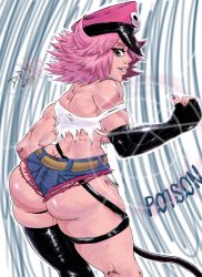 Rule 34 | 1girl, ass, bare shoulders, belt, blue eyes, breasts, butt crack, capcom, dr.m, final fight, from behind, gloves, grin, hat, highres, huge ass, large breasts, looking at viewer, pink hair, poison (final fight), shiny skin, short hair, short shorts, shorts, sideboob, single glove, single thighhigh, skindentation, smile, solo, street fighter, street fighter v, thighhighs