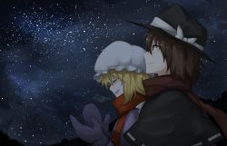 Rule 34 | bad id, bad pixiv id, black hat, blonde hair, blue gloves, bow, breath, brown eyes, brown hair, brown scarf, capelet, closed eyes, fedora, gloves, hat, hat bow, highres, kankan33333, looking up, maribel hearn, mittens, mob cap, night, open mouth, red scarf, ribbon trim, scarf, sky, smile, star (sky), starry sky, touhou, usami renko, white bow, white hat
