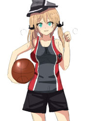 Rule 34 | 10s, 1girl, adapted costume, akizuki rasenn, anchor hair ornament, aqua eyes, ball, bare shoulders, basketball, basketball (object), basketball uniform, blonde hair, blush, breasts, cleavage, collarbone, cowboy shot, hair ornament, hair ribbon, hat, holding, kantai collection, large breasts, long hair, open mouth, peaked cap, prinz eugen (kancolle), ribbon, shorts, shuugetsu, sideboob, simple background, smile, solo, sportswear, sweat, tank top, twintails, white background