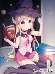 Rule 34 | 1girl, blonde hair, book, candle, elbow gloves, garter straps, gloves, grimoire, hat, long hair, open book, purple eyes, solo, thighhighs, usashiro mani, valhalla valkyries, witch hat