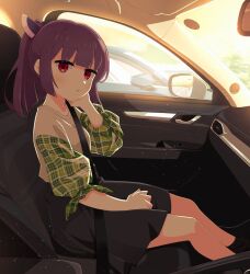 Rule 34 | 1girl, absurdres, alternate costume, alternate hairstyle, black skirt, blade, blush, car, car interior, casual, commentary request, commission, green sleeves, hand on lap, hand up, head rest, headgear, highres, konori (ahurerukuiizi), looking at viewer, looking to the side, motor vehicle, on chair, parted lips, plaid sleeves, ponytail, purple hair, red eyes, seatbelt, shirt, sitting, skeb commission, skirt, solo, tied sleeves, touhoku kiritan, voiceroid, white shirt