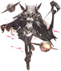 Rule 34 | 1girl, abyssal ship, armor, bow (weapon), breasts, cape, closed mouth, enemy aircraft (kancolle), european armored aircraft carrier princess, full body, glowing, glowing eye, highres, holding, holding bow (weapon), holding weapon, kantai collection, konishi (koconatu), large breasts, long hair, official art, pale skin, simple background, solo, torn cape, torn clothes, transparent background, weapon, white hair, yellow eyes