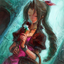 Rule 34 | 1990s (style), 1girl, aerith gainsborough, bad id, bad pixiv id, basket, bow, bracelet, brown hair, cropped jacket, dress, closed eyes, final fantasy, final fantasy vii, flower, hair ribbon, jacket, jewelry, long hair, lowres, necklace, pink bow, pink dress, ribbon, solo