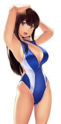Rule 34 | 1girl, akagi (kancolle), armpits, arms behind head, arms up, bare shoulders, blue one-piece swimsuit, blush, breasts, brown eyes, brown hair, cleavage, front zipper swimsuit, highleg, highleg swimsuit, kantai collection, large breasts, long hair, looking at viewer, meme attire, one-piece swimsuit, open mouth, simple background, smile, solo, straight hair, swimsuit, thighs, wa (genryusui), white background, zipper, zipper pull tab