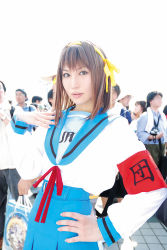 Rule 34 | armband, cosplay, hair ribbon, highres, kamijou yuzuru, photo (medium), ribbon, sailor, school uniform, serafuku, suzumiya haruhi, suzumiya haruhi no yuuutsu
