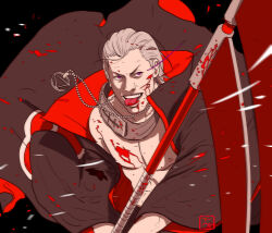 Rule 34 | 1boy, absurdres, akatsuki uniform, blood, blood on chest, bloody weapon, commentary, eva (invisibleninja12), grey hair, hair slicked back, hidan (naruto), highres, holding, holding scythe, holding weapon, jewelry, male focus, naruto (series), naruto shippuuden, necklace, ninja, open clothes, open mouth, red eyes, scythe, short hair, signature, smile, solo, teeth, tongue, tongue out, uniform, weapon, yugakure symbol