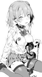 Rule 34 | 1futa, bar censor, blouse, blush, bow, bowtie, bra, breasts, breasts out, censored, chain, collar, collared shirt, erection, futanari, greyscale, hair between eyes, highres, looking at viewer, magaeshi, mole, mole on thigh, mole under eye, monochrome, nipples, no bra, open clothes, open shirt, panties, penis, shirt, short twintails, side-tie panties, simple background, sitting, solo, thighhighs, twintails, underwear, untied panties, unworn bra, unworn panties, veins, veiny penis, wariza, white background