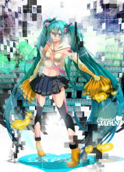 Rule 34 | 1girl, ahoge, aqua hair, bad anatomy, bad id, bad pixiv id, detached sleeves, elbow gloves, fingerless gloves, gloves, hatsune miku, high heels, highres, hoshima, long hair, midriff, navel, necktie, pigeon-toed, pom pom (cheerleading), shoes, skirt, smile, solo, thighhighs, twintails, very long hair, vocaloid