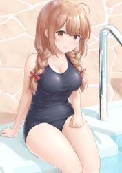 Rule 34 | 1girl, ahoge, blush, breasts, brown eyes, brown hair, cleavage, highres, kantai collection, large breasts, long hair, old school swimsuit, open mouth, pool, school swimsuit, shinshuu maru (kancolle), sitting, solo, swimsuit, thighs, twintails, wamu (chartreuse)