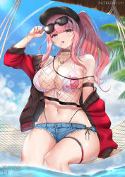 Rule 34 | 1girl, adjusting eyewear, arm strap, arm up, bare shoulders, baseball cap, bikini, bikini under clothes, black choker, black hat, blue sky, breasts, candy, choker, cloud, commentary, crop top, cutoffs, cyicheng, day, denim, denim shorts, eyewear on head, feet out of frame, fishnets, food, food in mouth, hat, highleg, highleg bikini, hololive, hololive english, jewelry, large breasts, lollipop, long hair, looking at viewer, micro shorts, midriff, mori calliope, mori calliope (streetwear), mouth hold, nail polish, navel, necklace, off shoulder, outdoors, pink eyes, pink hair, pink nails, ponytail, shirt, shorts, sidelocks, single strap, sitting, sky, soaking feet, solo, stomach, sunglasses, swimsuit, thighs, virtual youtuber, water, white bikini