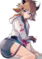 Rule 34 | 1boy, arknights, bison (arknights), black shorts, brown eyes, brown hair, closed mouth, cow tail, hair between eyes, hair ornament, jacket, long sleeves, looking at viewer, medium hair, ox ears, ox horns, ribbon, shorts, simple background, solo, tail, white background, white jacket, yoruhachi