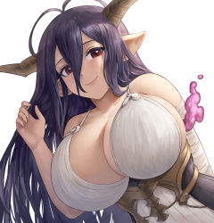 Rule 34 | 1girl, antenna hair, backlighting, bandages, bandaged arm, bandages, bare shoulders, blush, breasts, cleavage, collarbone, danua, draph, dress, granblue fantasy, hair between eyes, highres, horns, huge breasts, long hair, looking at viewer, nhaliz, pointy ears, purple hair, red eyes, simple background, smile, solo, underbust, white background, white dress