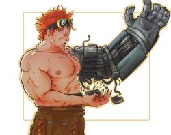 Rule 34 | 1boy, abs, bara, eustass kid, feet out of frame, from side, goggles, goggles on head, highres, large hands, large pectorals, long sideburns, maintenance, male focus, mechanical arms, muscular, muscular male, navel, nipples, one piece, pectorals, red hair, scar, short hair, sideburns, single mechanical arm, solo, sorellaerba, topless male
