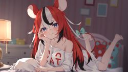 Rule 34 | 1girl, :3, absurdres, animal ears, barefoot, black hair, blue eyes, blurry, blurry background, blush, bow, clothes writing, feet, hakos baelz, head rest, highres, hololive, hololive english, light blush, long hair, looking at viewer, lying, mouse ears, mouse tail, multicolored hair, off shoulder, official alternate costume, on bed, on stomach, pillow, red hair, ribbon, shirt, smile, solo, tail, tail bow, tail ornament, taitan, the pose, tongue, tongue out, virtual youtuber, white hair, white shirt