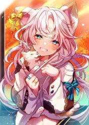 Rule 34 | 1girl, animal ears, blue bow, blue eyes, blush, bow, calico, cat, cat ears, clenched hands, highres, jewelry, long hair, multiple rings, navel, original, paw print, paw print pattern, ring, shinishi chiho, smile, upper body, watermark, white hair, yellow bow