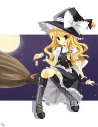 Rule 34 | 1girl, :q, apple, apple core, bad apple!!, bad id, bad pixiv id, blonde hair, boots, bow, broom, broom riding, cross-laced footwear, female focus, food, fruit, full moon, hair bow, hat, kirisame marisa, lace-up boots, long hair, moon, moorina, sidesaddle, solo, tongue, tongue out, touhou, witch, witch hat, wrist cuffs, yellow eyes
