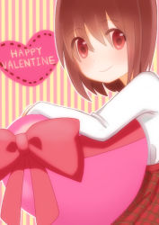 Rule 34 | 1girl, bow, brown hair, happy valentine, heart, long sleeves, looking at viewer, original, plaid, plaid skirt, red bow, red eyes, red skirt, shirt, short hair, skirt, smile, solo, striped, striped background, valentine, vertical stripes, wenicon 0410, white shirt