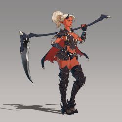Rule 34 | 1girl, armor, bikini armor, black thighhighs, blonde hair, breasts, cape, cleavage, colored skin, demon girl, demon horns, earrings, ernesto irawan, faulds, fingerless gloves, forehead, full body, gloves, greaves, grey background, hand on own hip, highres, horns, jewelry, large breasts, over shoulder, pauldrons, pointy ears, ponytail, red skin, scythe, shoulder armor, solo, thighhighs, valiant force, weapon, weapon over shoulder, yellow eyes