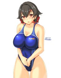 Rule 34 | 1girl, black hair, blue one-piece swimsuit, breasts, collarbone, competition swimsuit, cowboy shot, dated, hair flaps, highleg, highleg swimsuit, highres, impossible clothes, impossible swimsuit, jingei (kancolle), kantai collection, large breasts, long hair, looking at viewer, low ponytail, montemasa, one-piece swimsuit, red eyes, solo, swimsuit, twitter username