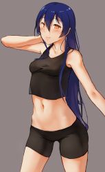 Rule 34 | 10s, 1girl, bike shorts, blue hair, blush, breasts, brown eyes, crop top, long hair, looking at viewer, love live!, love live! school idol project, midriff, navel, noccu, small breasts, smile, solo, sonoda umi, tank top