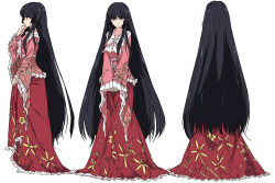 Rule 34 | 1girl, black hair, blunt bangs, bow, bowtie, character sheet, collarbone, expressionless, female focus, floral print, frilled skirt, frilled sleeves, frills, from behind, from side, full body, hand up, hime cut, houraisan kaguya, karaori, long hair, long sleeves, looking at viewer, multiple views, neko (yanshoujie), own hands together, princess, print skirt, profile, red eyes, red skirt, sidelocks, simple background, skirt, skirt hold, standing, the sealed esoteric history, touhou, turnaround, very long hair, white background, white bow, white bowtie, wide sleeves