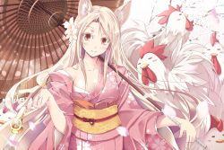 Rule 34 | 1girl, animal, animal ears, bird, chicken, chinese zodiac, collarbone, highres, holding, holding smoking pipe, japanese clothes, kimono, kiseru, light smile, long hair, looking at viewer, oil-paper umbrella, original, red eyes, rooster, satomi (black scarecrow), smoking pipe, solo, umbrella, white hair, year of the rooster