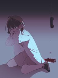 Rule 34 | 1girl, ahoge, blood, blood on clothes, blue eyes, brown dress, brown hair, commentary request, corded phone, crying, crying with eyes open, dress, hair between eyes, hands on own head, kneeling, ktsis, lab coat, lobotomy corporation, long sleeves, michelle (project moon), open mouth, panicking, phone, project moon, short hair, solo, spoilers, tears