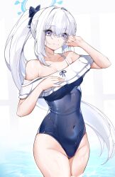 Rule 34 | 1girl, absurdres, bare shoulders, blue archive, blue one-piece swimsuit, bow, breasts, casul, collarbone, covered navel, eyes visible through hair, frilled one-piece swimsuit, frills, grey hair, groin, hair bow, halo, highres, long hair, looking at viewer, medium breasts, miyako (blue archive), miyako (swimsuit) (blue archive), official alternate costume, one-piece swimsuit, ponytail, purple eyes, simple background, smile, solo, swimsuit, very long hair, wading, water drop, white background