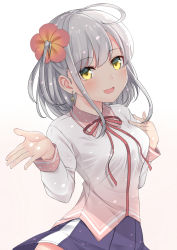Rule 34 | 1girl, :d, ahoge, blue skirt, blush, breasts, brown background, collared shirt, commentary request, crescent, crescent earrings, earrings, flower, gradient background, grey hair, hair between eyes, hair flower, hair ornament, hands up, hekomii, highres, jewelry, long hair, long sleeves, looking at viewer, medium breasts, neck ribbon, one side up, open mouth, original, pleated skirt, red flower, red ribbon, ribbon, shirt, skirt, smile, solo, white background, white shirt, yellow eyes