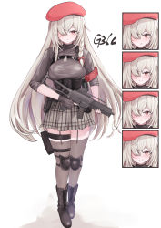 Rule 34 | 1girl, absurdres, armband, beret, black gloves, black shirt, blush, boots, character name, dog tags, expressions, fingerless gloves, full body, g36c (girls&#039; frontline), g36c (red beret) (girls&#039; frontline), girls&#039; frontline, gloves, grey hair, gun, h&amp;k g36c, hair over one eye, hat, highres, holding, holding gun, holding weapon, holster, knee pads, looking at viewer, plaid, plaid skirt, pleated skirt, red eyes, red hat, see-through, see-through legwear, shirt, simple background, skirt, solo, standing, submachine gun, thigh holster, thighhighs, weapon, white background, yoshi-j