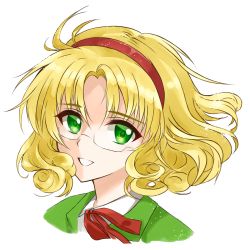 Rule 34 | 1girl, blonde hair, bow, bowtie, curly hair, fujishiro kazuha, glasses, green eyes, hairband, highres, hououji fuu, looking at viewer, magic knight rayearth, parted bangs, portrait, red bow, red bowtie, red hairband, short hair, simple background, smile, solo, white background