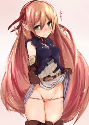 Rule 34 | 1girl, arisa (shadowverse), belt, blonde hair, blush, boots, clothes lift, elbow gloves, gloves, green eyes, hair ribbon, heart, highres, long hair, lowleg, lowleg panties, muoto, panties, panty pull, pointy ears, ribbon, shadowverse, side-tie panties, skirt, skirt lift, smile, solo, standing, thigh boots, thighhighs, underwear, very long hair