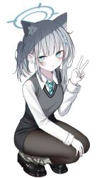 Rule 34 | 1girl, absurdres, animal ear fluff, animal ears, black footwear, black pantyhose, black vest, blue archive, blue eyes, blue halo, blue necktie, blush, collared shirt, commentary, extra ears, full body, grey hair, halo, highres, karou (lhscck302), long sleeves, looking at viewer, medium hair, necktie, pantyhose, parted lips, shiroko (blue archive), shirt, shoes, simple background, socks, solo, squatting, v, vest, white background, white shirt, white socks, wolf ears