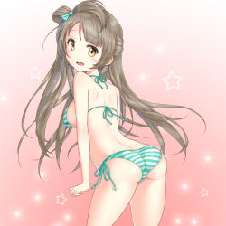 Rule 34 | 10s, 1girl, ass, bad id, bad pixiv id, bikini, bow, brown eyes, brown hair, emmmp, enpu (ufo), from behind, gradient background, green bikini, hair bow, leaning forward, long hair, looking at viewer, love live!, love live! school idol project, minami kotori, one side up, pink background, side-tie bikini bottom, side ponytail, solo, striped bikini, striped clothes, swimsuit