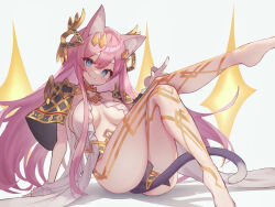 Rule 34 | 1girl, animal ear fluff, animal ears, barefoot, blue eyes, blush, breasts, capelet, cat ears, cat girl, cat tail, character request, crossed legs, dress, fang, fang out, hair ornament, index finger raised, leg up, long hair, looking at viewer, medium breasts, monster musume td, open clothes, open dress, pink hair, simple background, sitting, skin fang, smile, solo, tail, tomisaka yorui, very long hair, white background