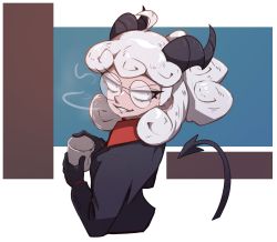 Rule 34 | 1girl, black gloves, black horns, black jacket, black tail, blush, breasts, business suit, coffee, coffee mug, collared shirt, cup, curly hair, demon girl, demon horns, demon tail, evil grin, evil smile, formal, glasses, gloves, grin, helltaker, highres, holding, holding cup, horns, jacket, long sleeves, looking at viewer, looking back, medium breasts, medium hair, mug, open mouth, pandemonica (helltaker), ponytail, red eyes, red shirt, shirt, short hair, simple background, small breasts, smile, smirk, solo, suit, tail, teeth, tflame, upper body, white hair