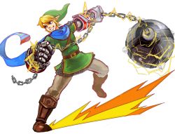 Rule 34 | 1boy, bad id, bad pixiv id, ball and chain (weapon), blonde hair, blue eyes, butiboco, chain, gloves, grin, hat, hyrule warriors, link, male focus, nintendo, pointy ears, scarf, smile, solo, spiked ball and chain, the legend of zelda